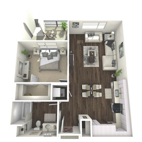 Floor plan for 1 bed, 1 bath, 730 sqft
